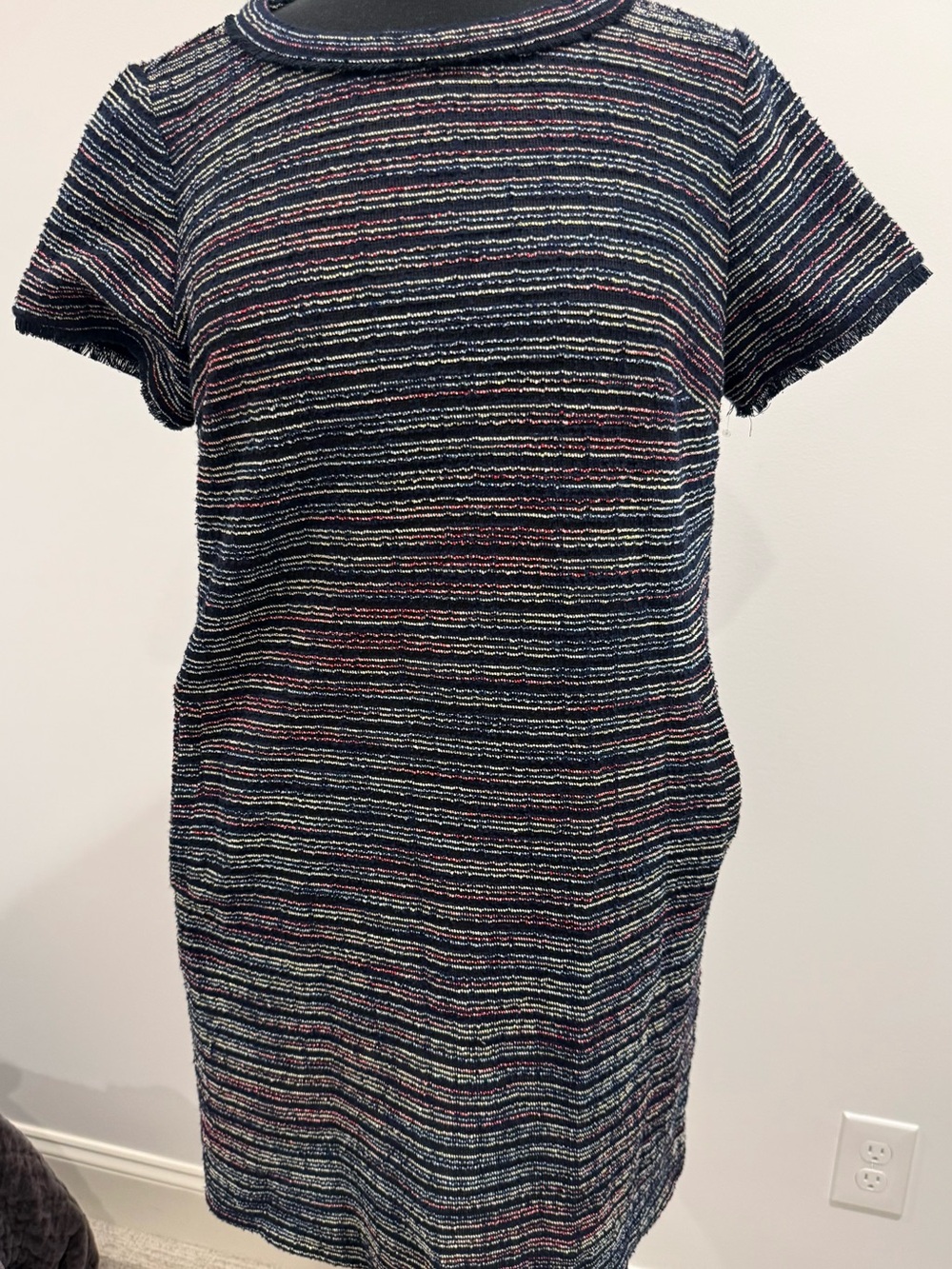 LOFT Navy Tweed Short-Sleeve Shift Dress with Multicolor Stripes